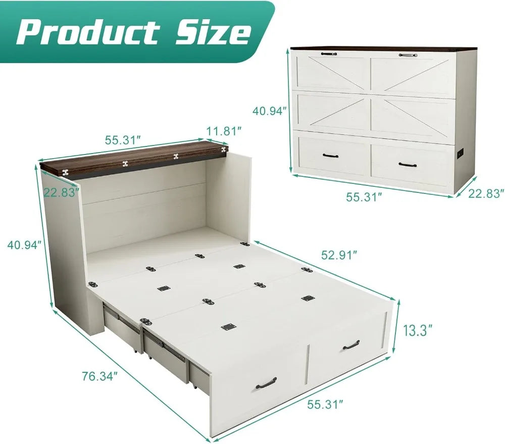 Full Size Murphy Bed with Drawer & Charging Station, Space-Saving Hidden Folding Cabinet Bed for Bedroom, Office, Rustic White