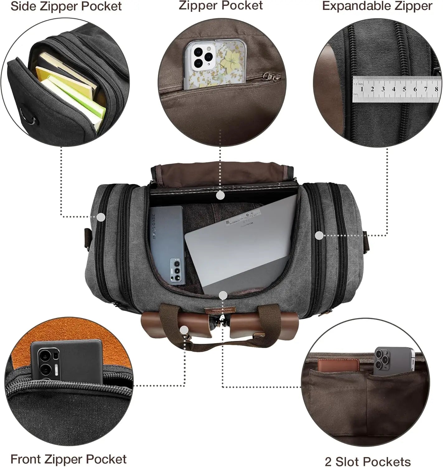 Expandable Canvas Leather Duffle Bag Waterproof With Shoe Compartment