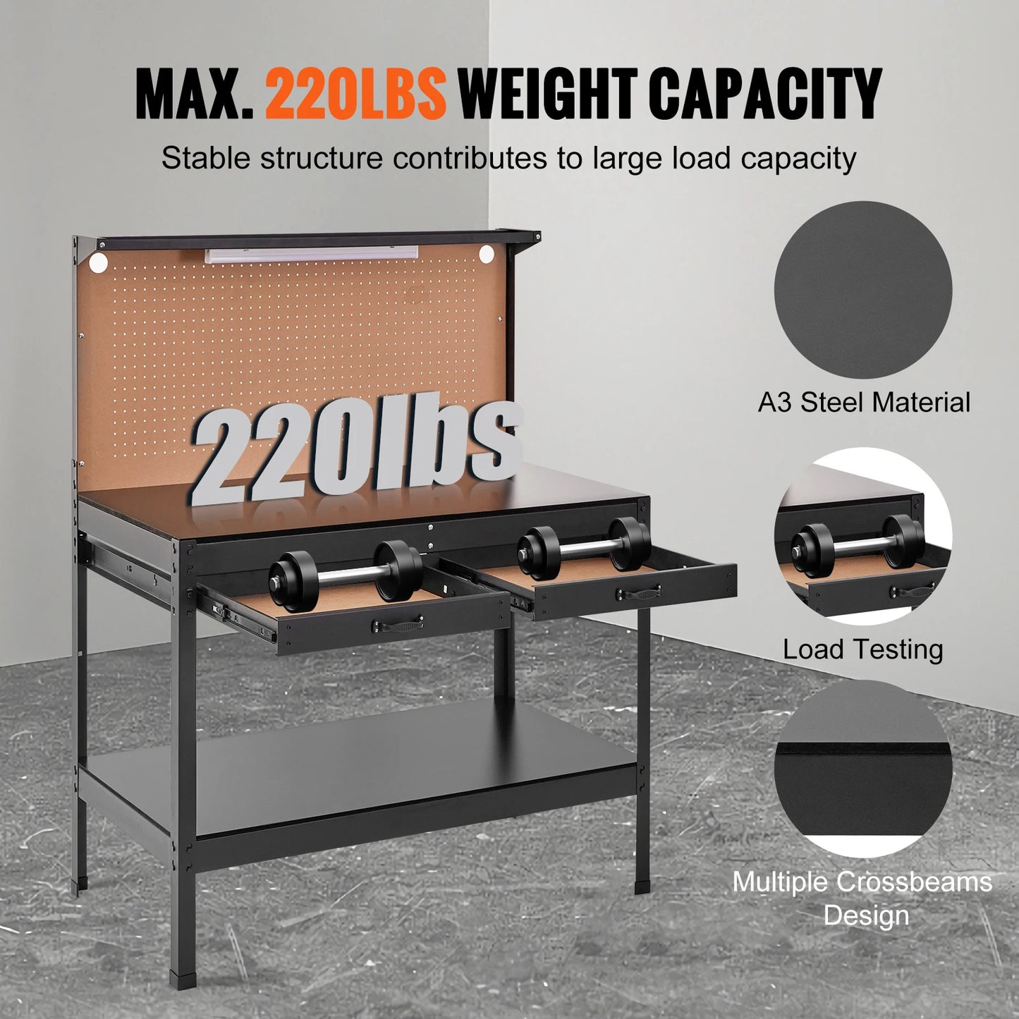 SucceBuy 200lbs Hardwood Workbench Heavy Oak Plank Work Table Carbon Steel with 3m Cable 30 Hooks for Garage Office Workshop
