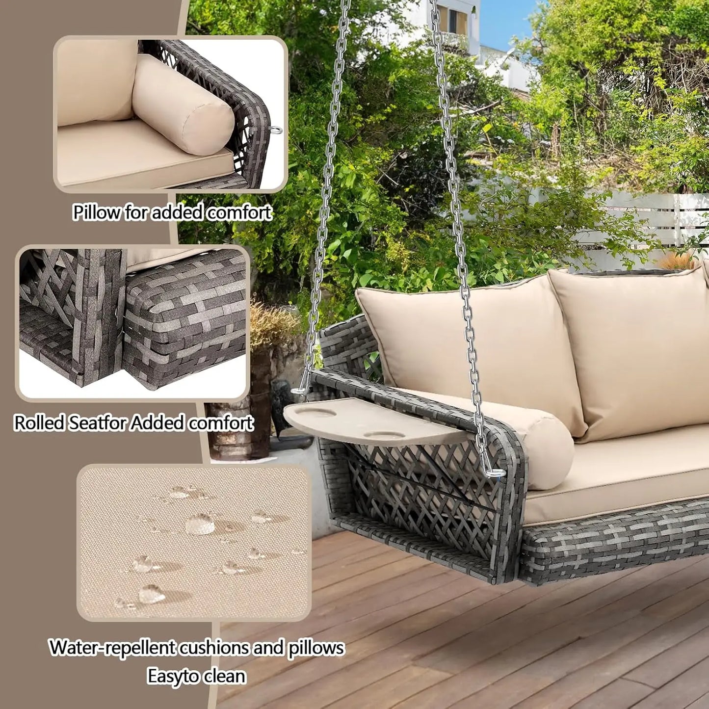 HUANZHUANG Three-Seater Wicker Hanging Porch Swing