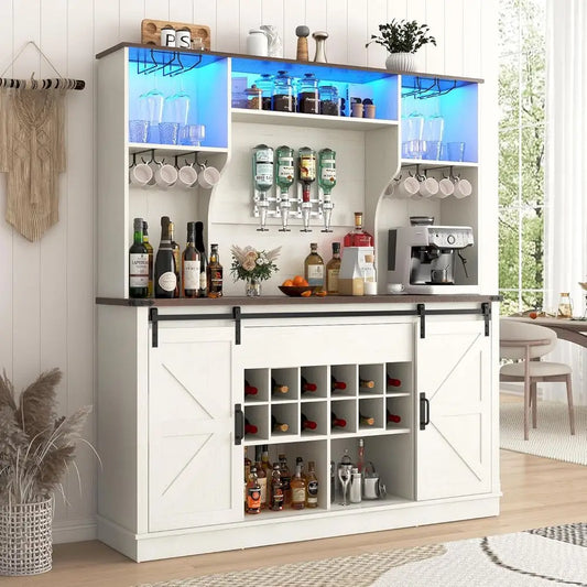 63W x 71H LED-lit Farmhouse Coffee Bar Cabinet with Sliding Doors, Wine Rack, Charging & Glass Holders Customized