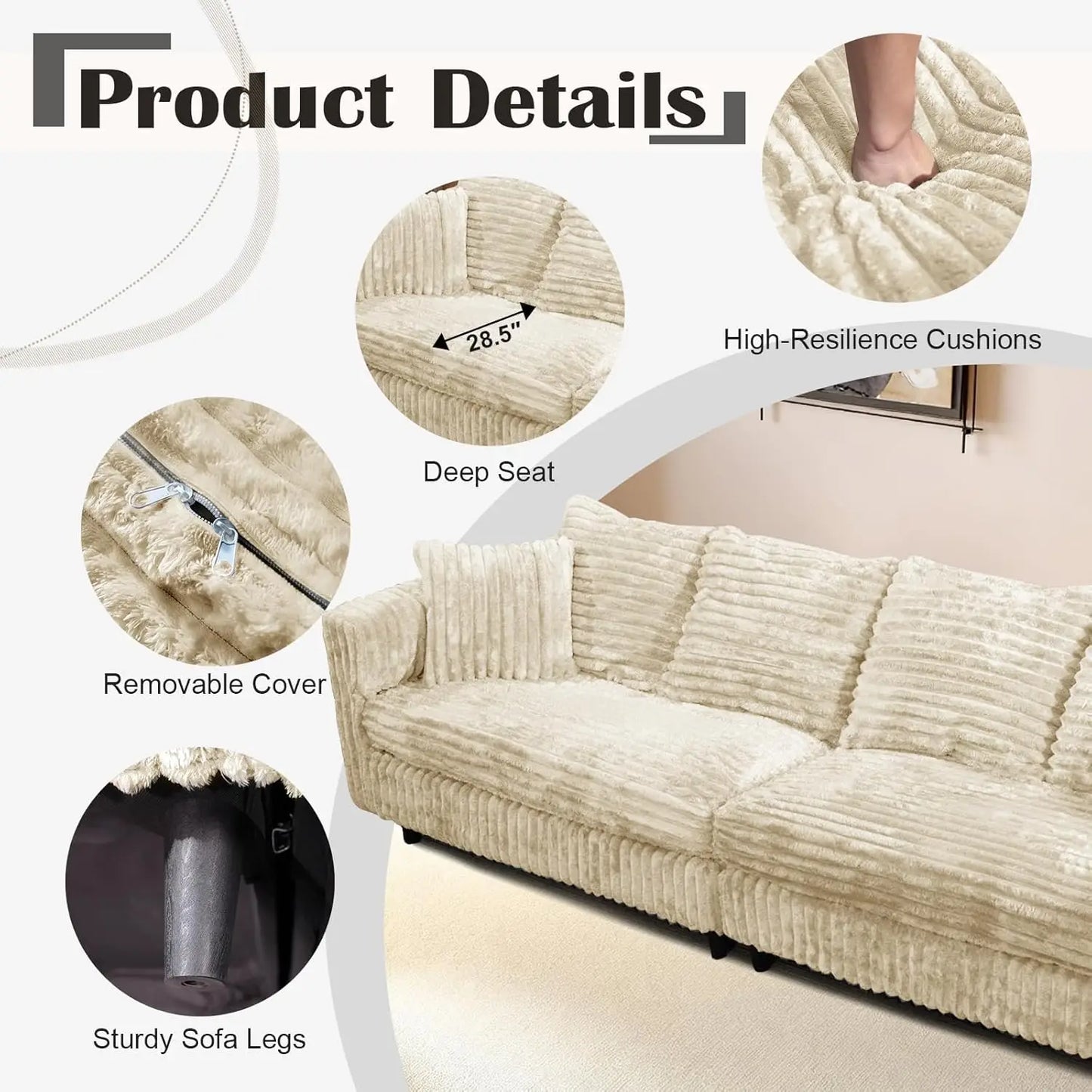 104.3'' Deep Seat Modular Sectional Sofa Plush Corduroy Memory Foam Convertible 6 Pillows Living Room Apartment, Customized