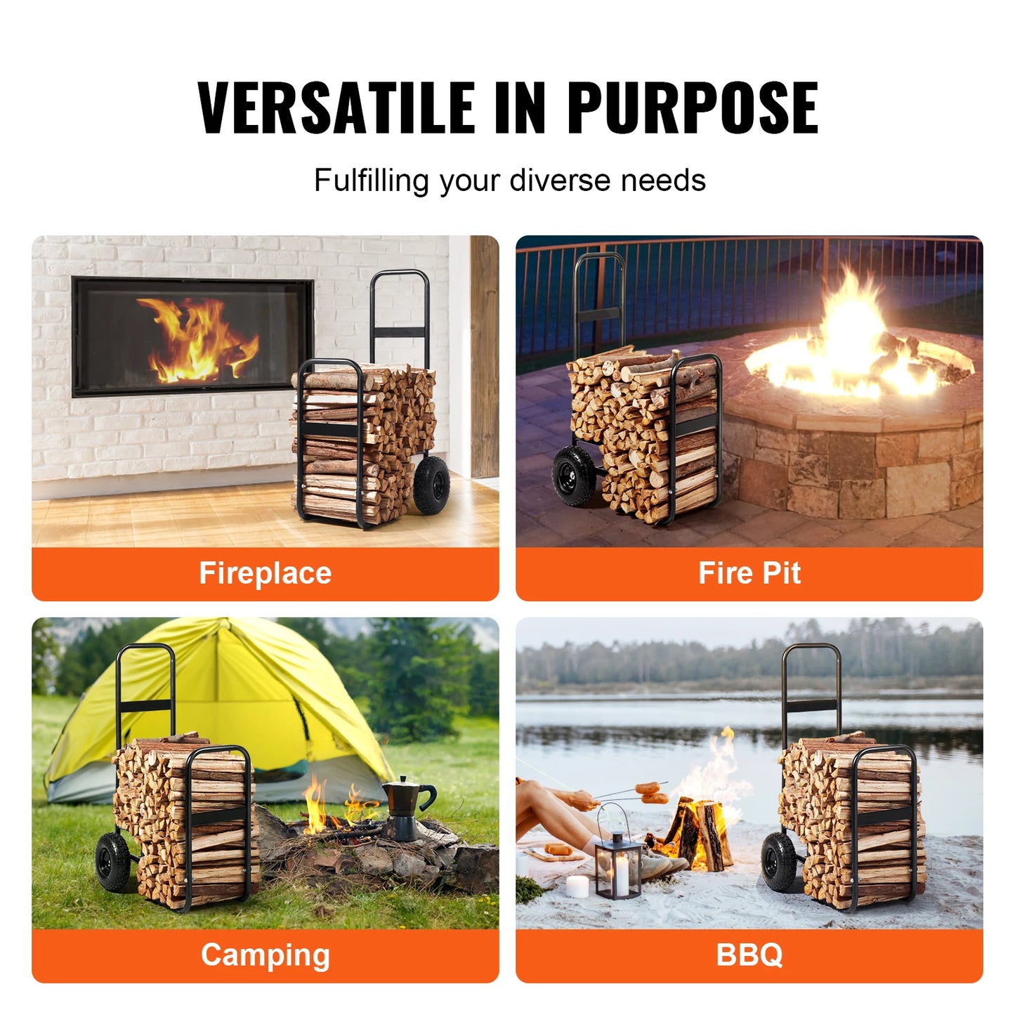 SucceBuy Firewood Log Cart Outdoor and Indoor Wood Rack Storage Mover with Wheels Heavy Duty Steel for Fireplace Fire Pit Black