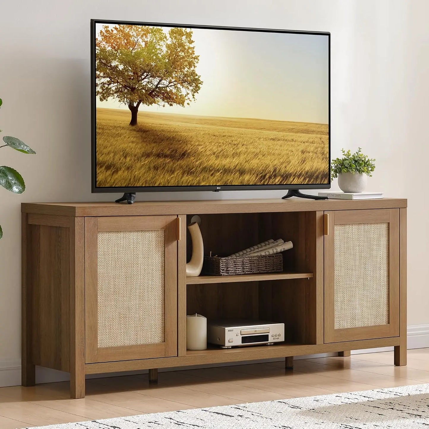 Rattan TV Stand for Living Room - 26" Tall TV Console Cabinet with Storage and Adjustable Shelf, Boho Entertainment, Customized