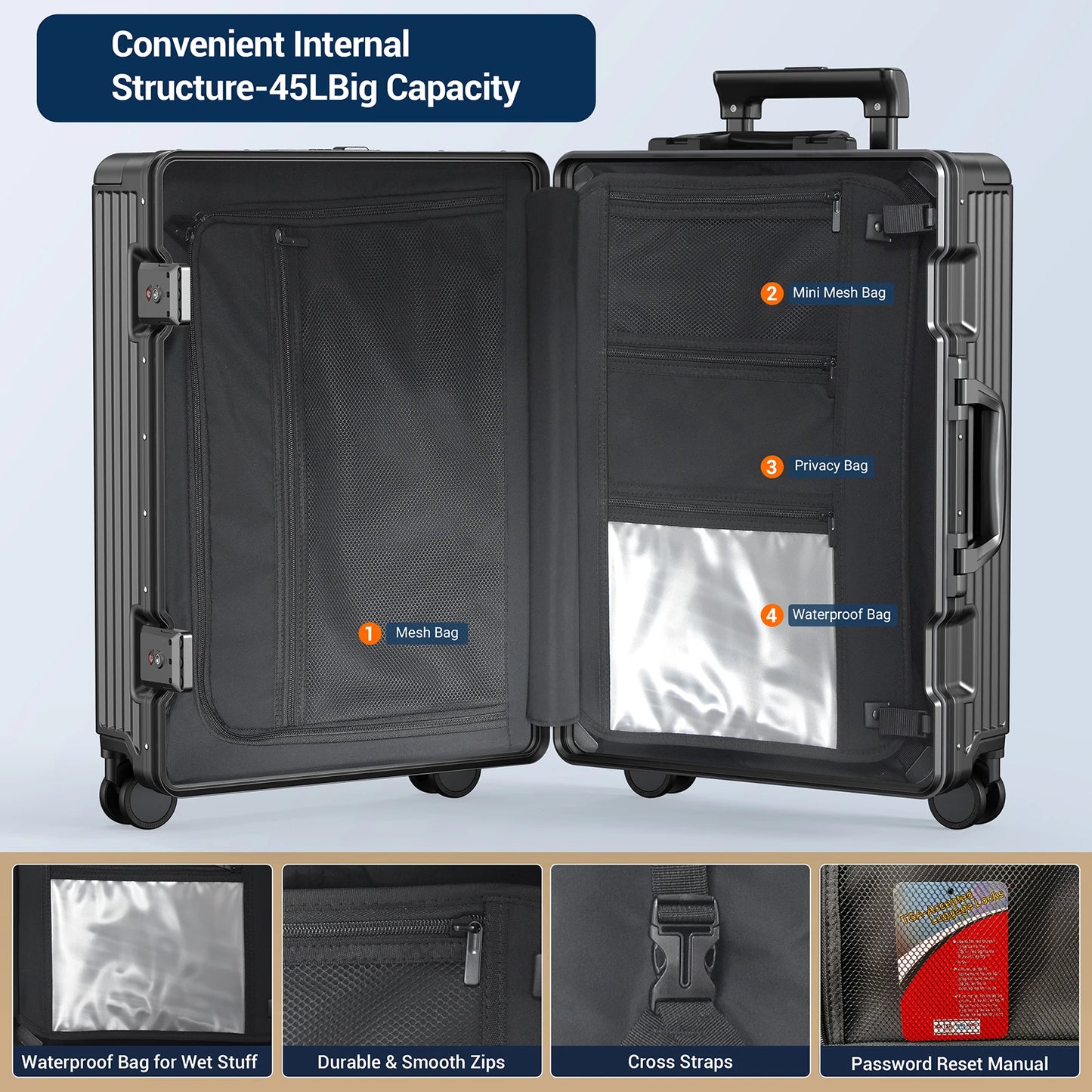 Airline Approved Aluminum Framed Carry On Luggage With Front Laptop Compartment