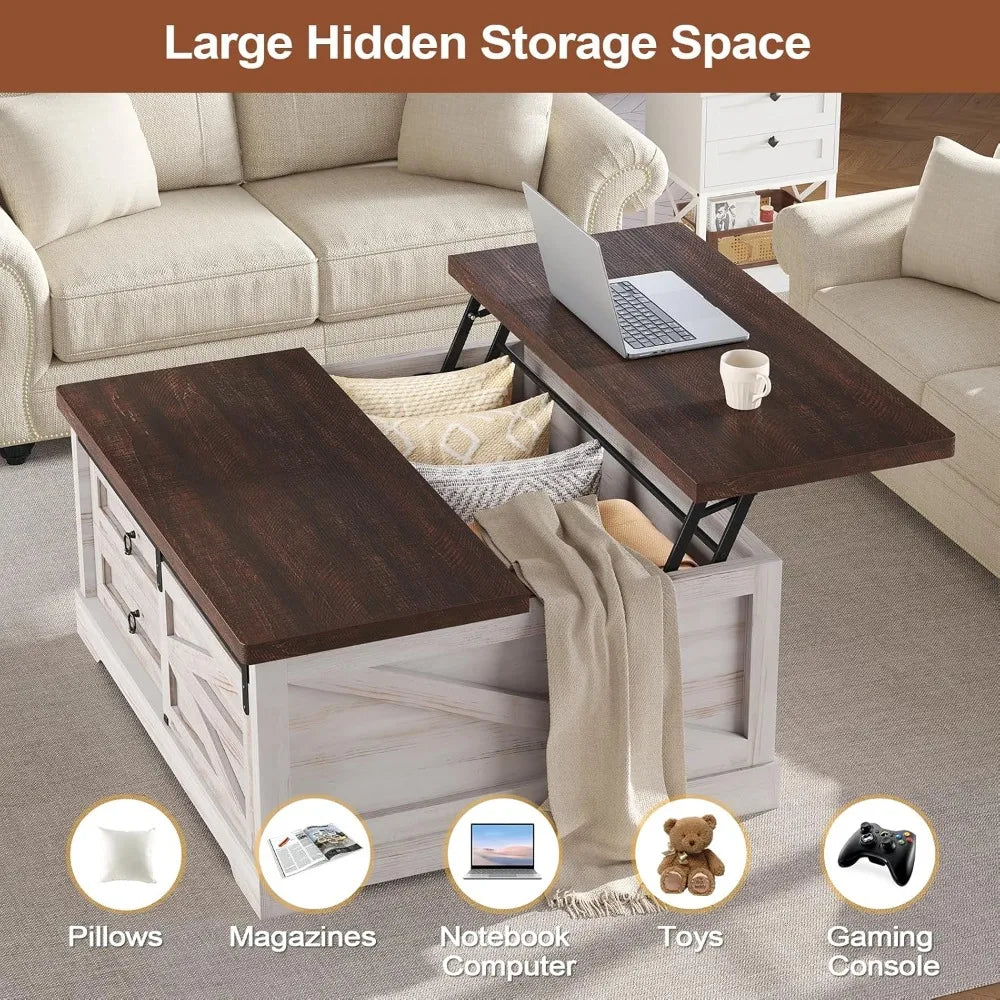39.4'' Lift Top Coffee Table with Storage, Farmhouse Style, Adjustable Height & Drawers for Living Room