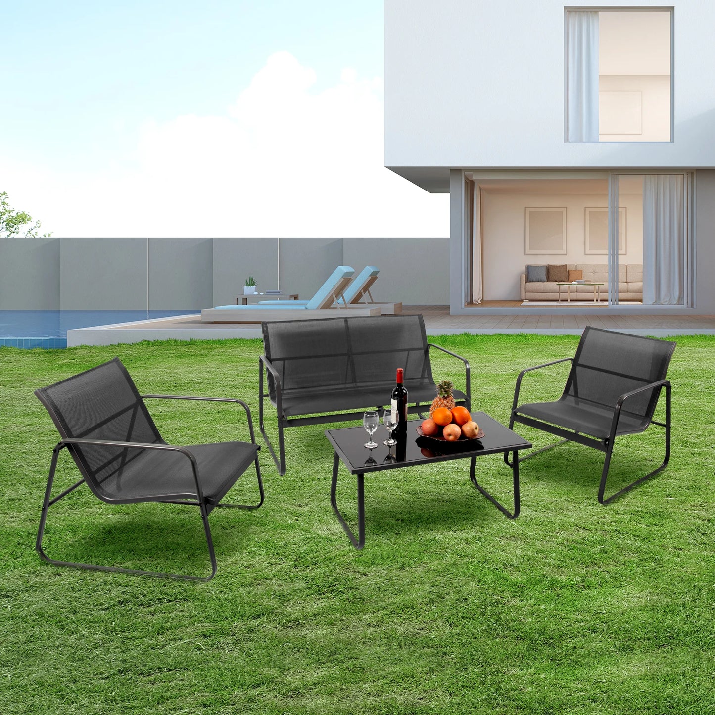 Patio Furniture Set With Metal Frame And Mesh Back