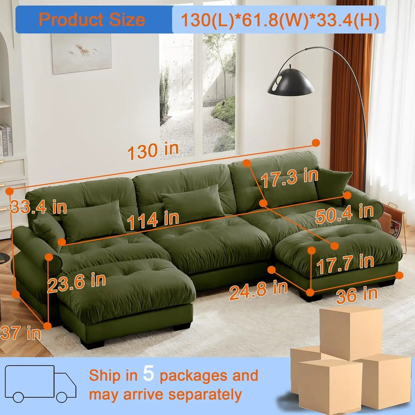 U Shaped Modular Sectional Sofa With Ottoman Velvet