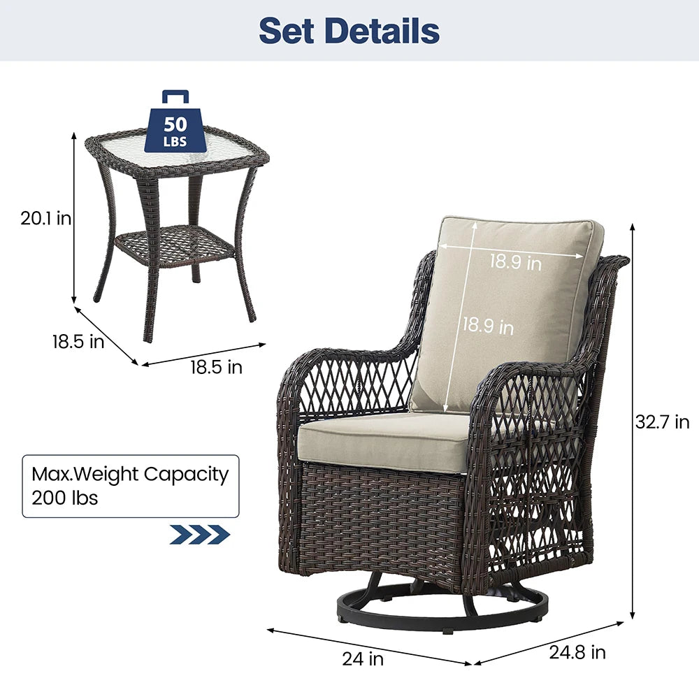 3-Piece Wicker Swivel Rocking Patio Set, 2 Chairs & Glass Table, Rattan Outdoor Furniture With Cushions For Patio Porch Backyard