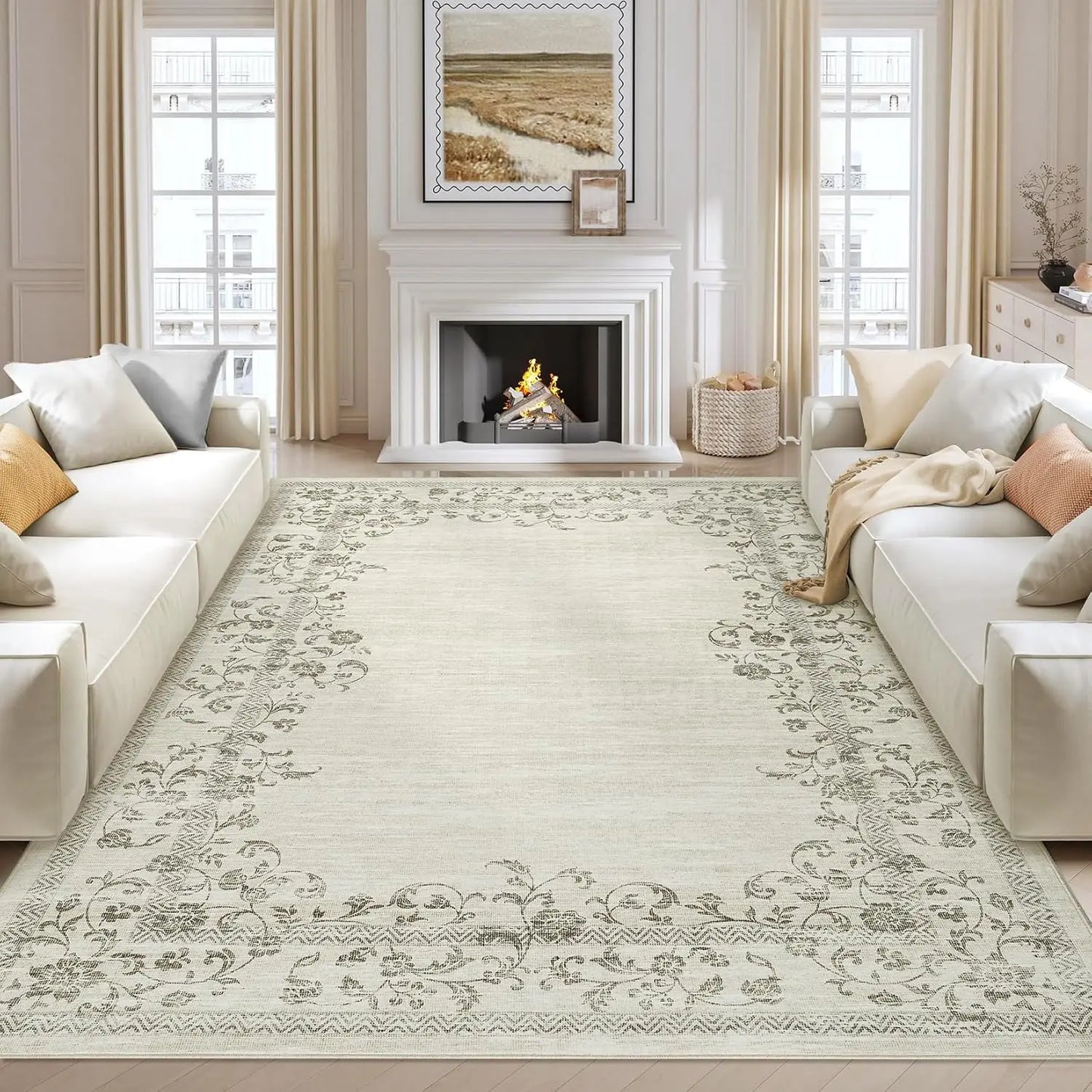 HiMISS Washable Floral Border Area Rug for Living Room Bedroom