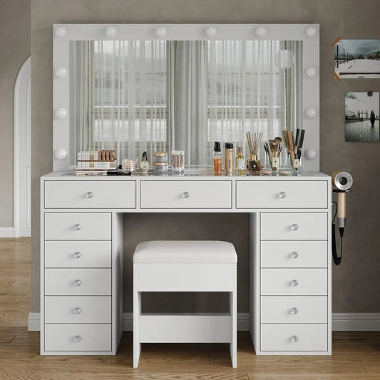 Makeup Vanity With Charging Station, 13 Drawers, HD Mirror