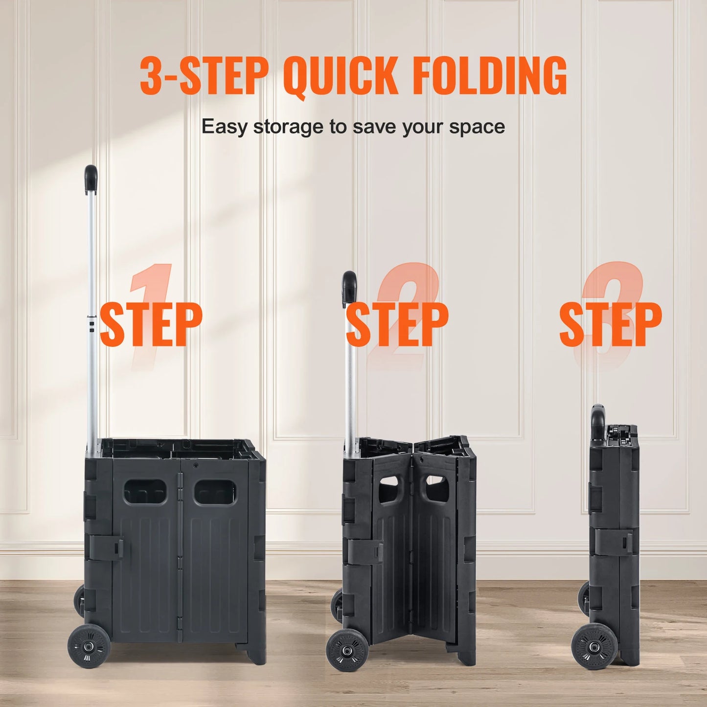 SucceBuy Foldable Utility Shopping Cart Folding Portable Crate Handcart with Telescope Handle Wheels for Travel Office Garden