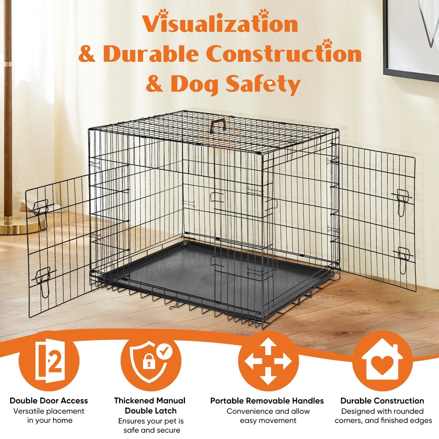 JHK Double Door Folding Dog Cage with Plastic Leak-Proof Pan