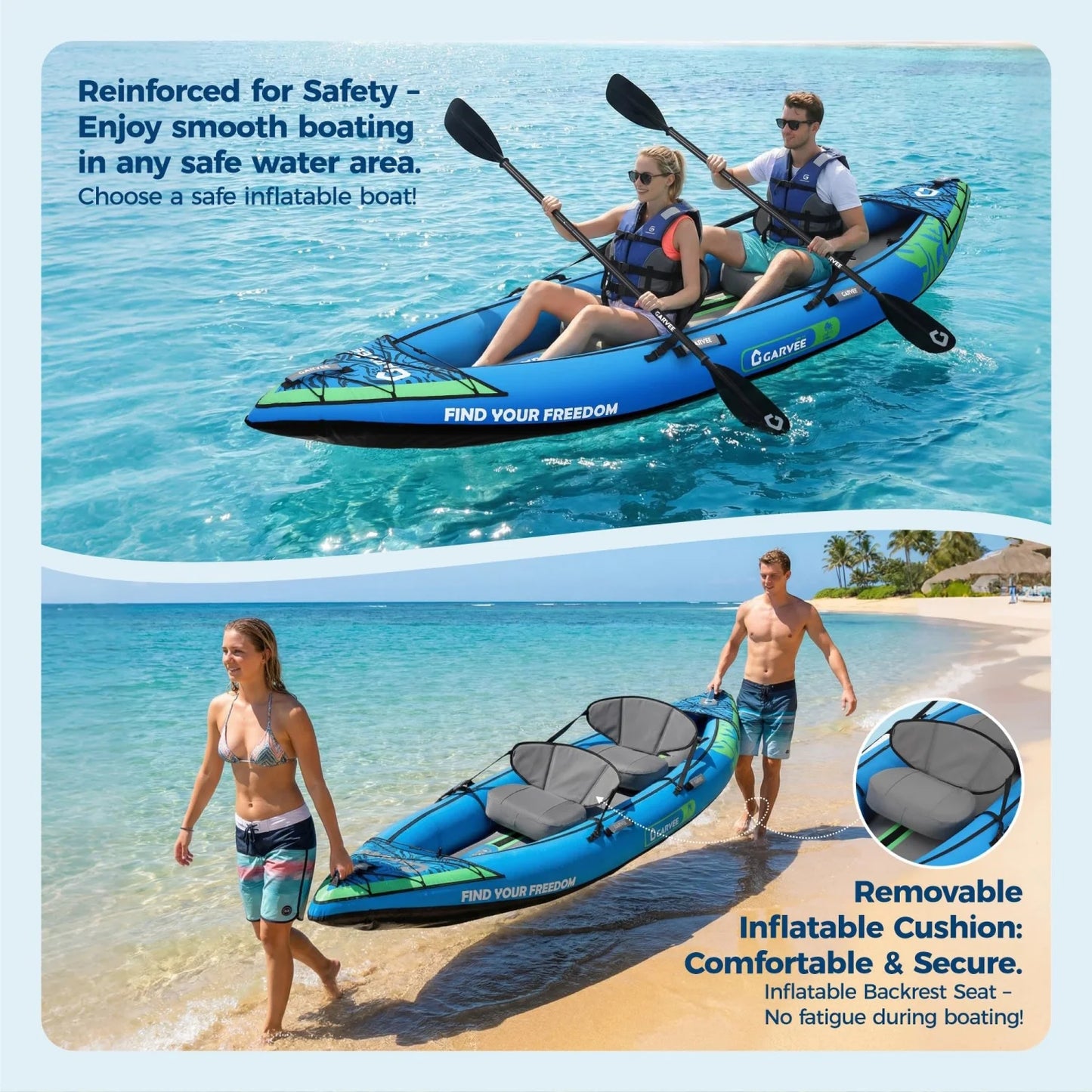 Two Person Inflatable Kayak For Fishing And Touring With Padded Seat