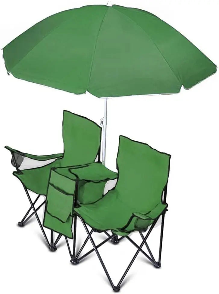 Portable 2-Seat Folding Camp Chair with Cooler, Umbrella & Cup Holders – Outdoor Picnic, Beach, or Tailgate Seating