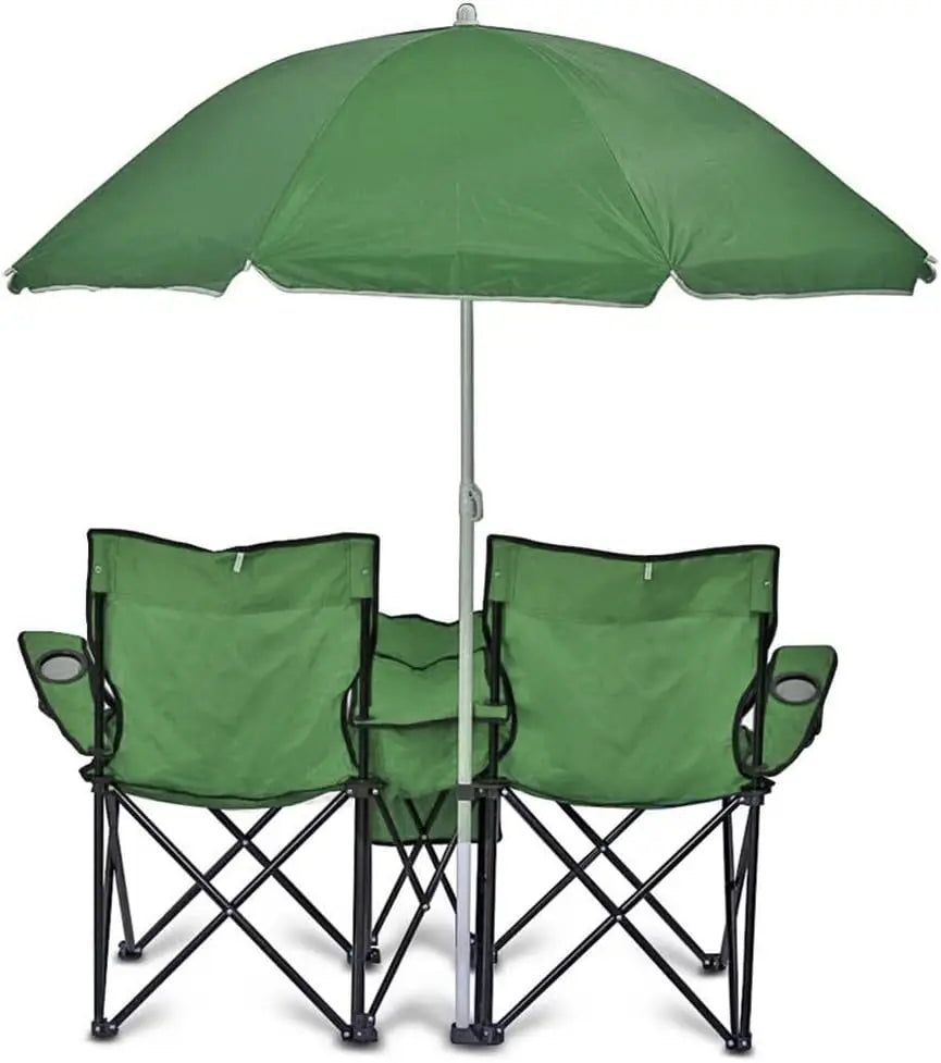 Portable 2-Seat Folding Camp Chair with Cooler, Umbrella & Cup Holders – Outdoor Picnic, Beach, or Tailgate Seating