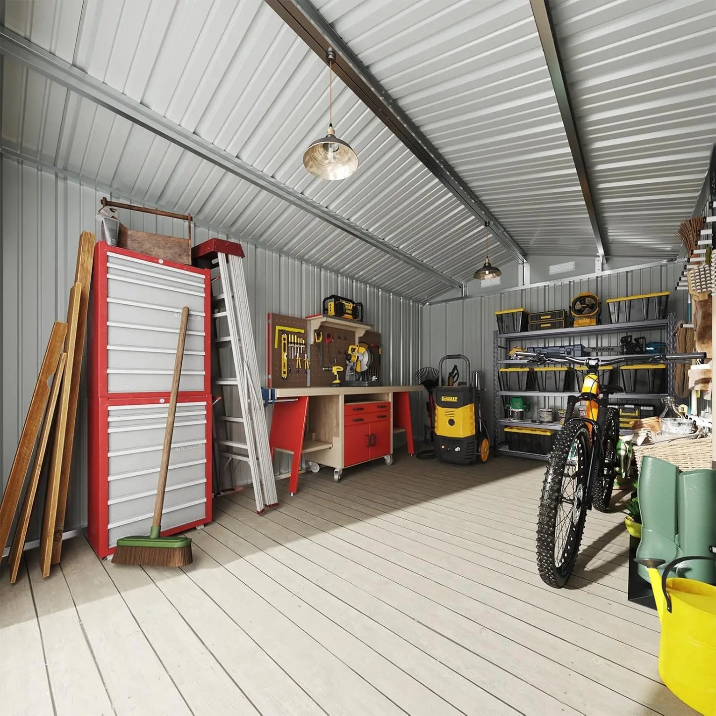 Outdoor Metal Storage Shed With Sloped Roof And Lockable Double Doors