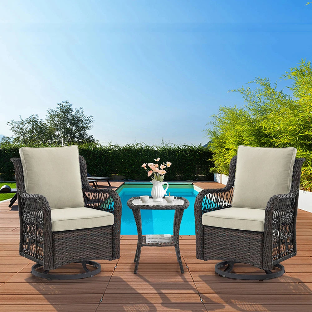 3-Piece Wicker Swivel Rocking Patio Set, 2 Chairs & Glass Table, Rattan Outdoor Furniture With Cushions For Patio Porch Backyard