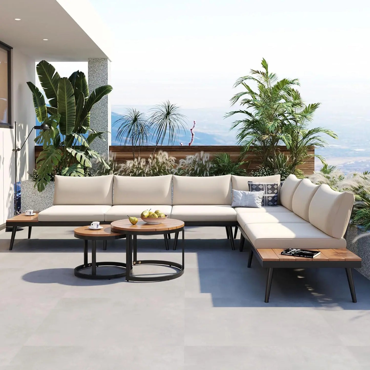 Acacia Wood 4pc Outdoor Sectional Sofa Set With Cushions