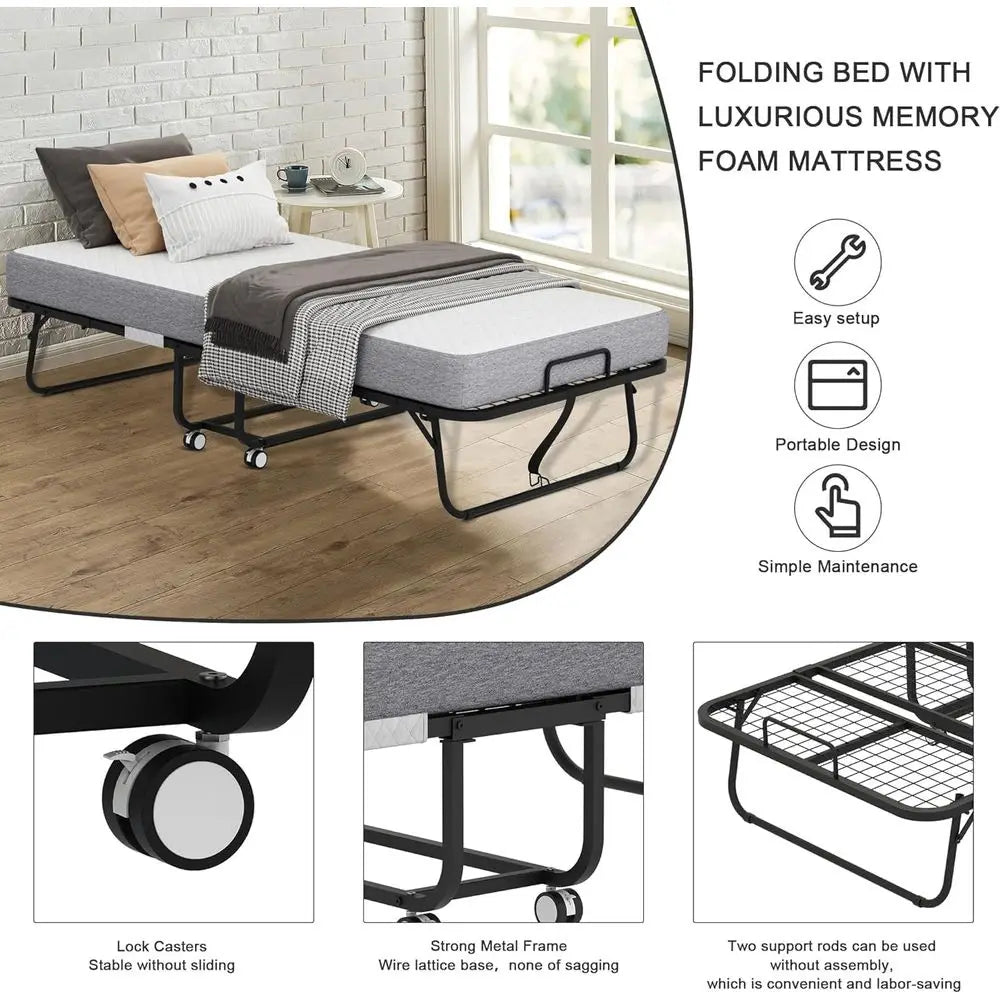 Portable Twin Size Folding Bed with Mattress, 75x38 Compact Guest Bed with Metal Frame,Customized