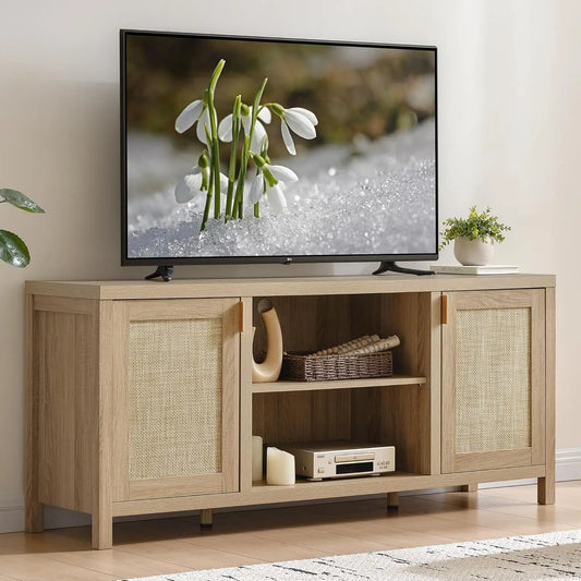 Rattan TV Stand for Living Room - 26" Tall TV Console Cabinet with Storage and Adjustable Shelf, Boho Entertainment, Customized