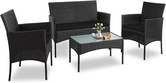 Outdoor Wicker Patio Conversation Set With Cushions And Glass Table