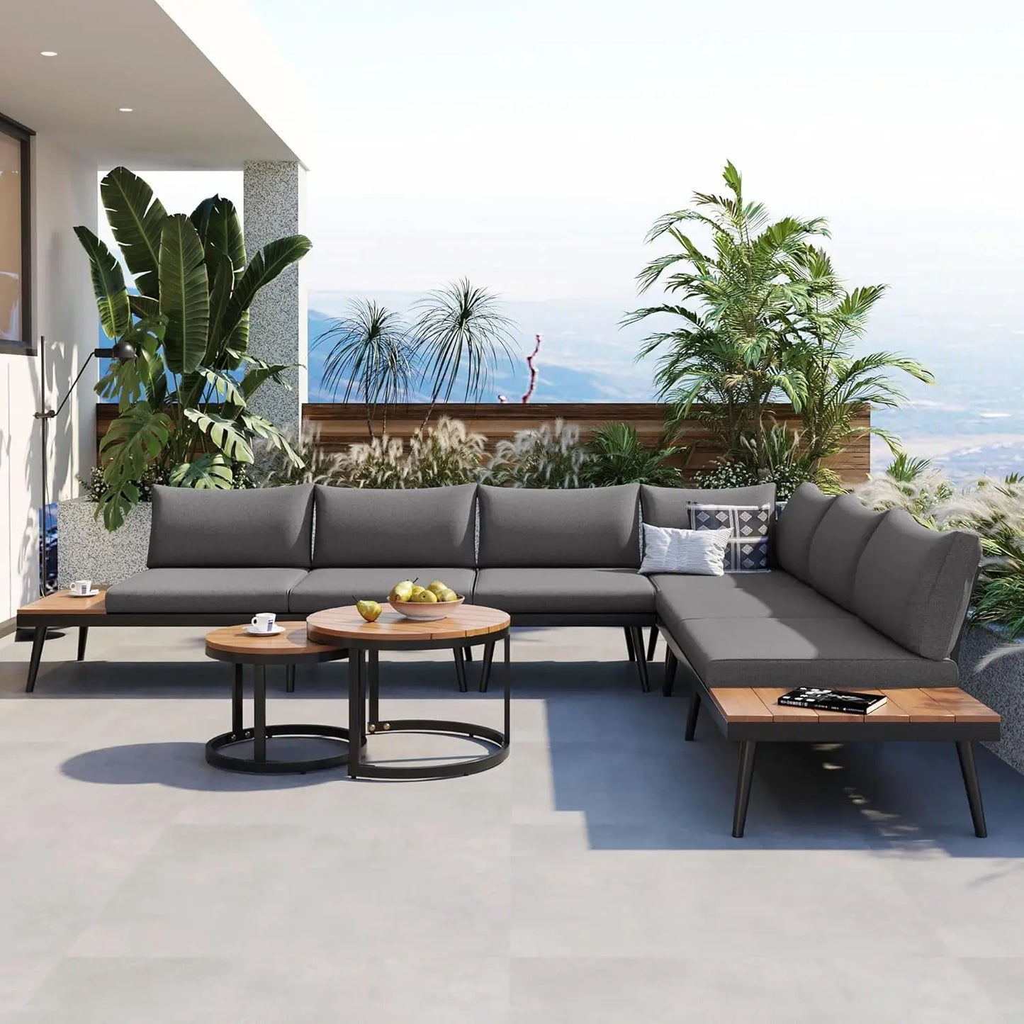 Acacia Wood 4pc Outdoor Sectional Sofa Set With Cushions