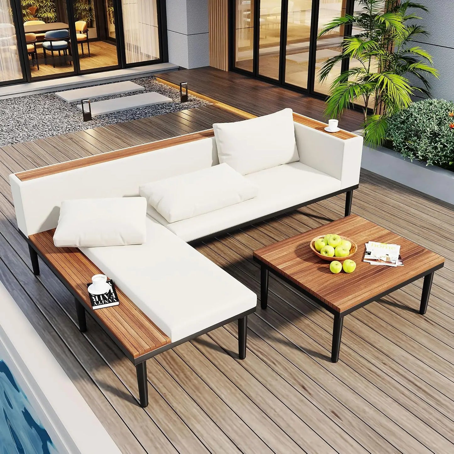 Acacia Wood 4pc Outdoor Sectional Sofa Set With Cushions