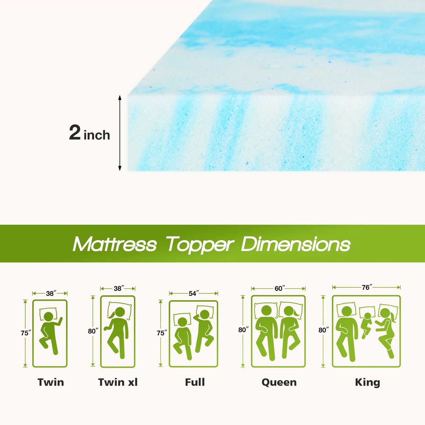 JHK Gel Memory Foam Mattress Topper For Cooling Comfort
