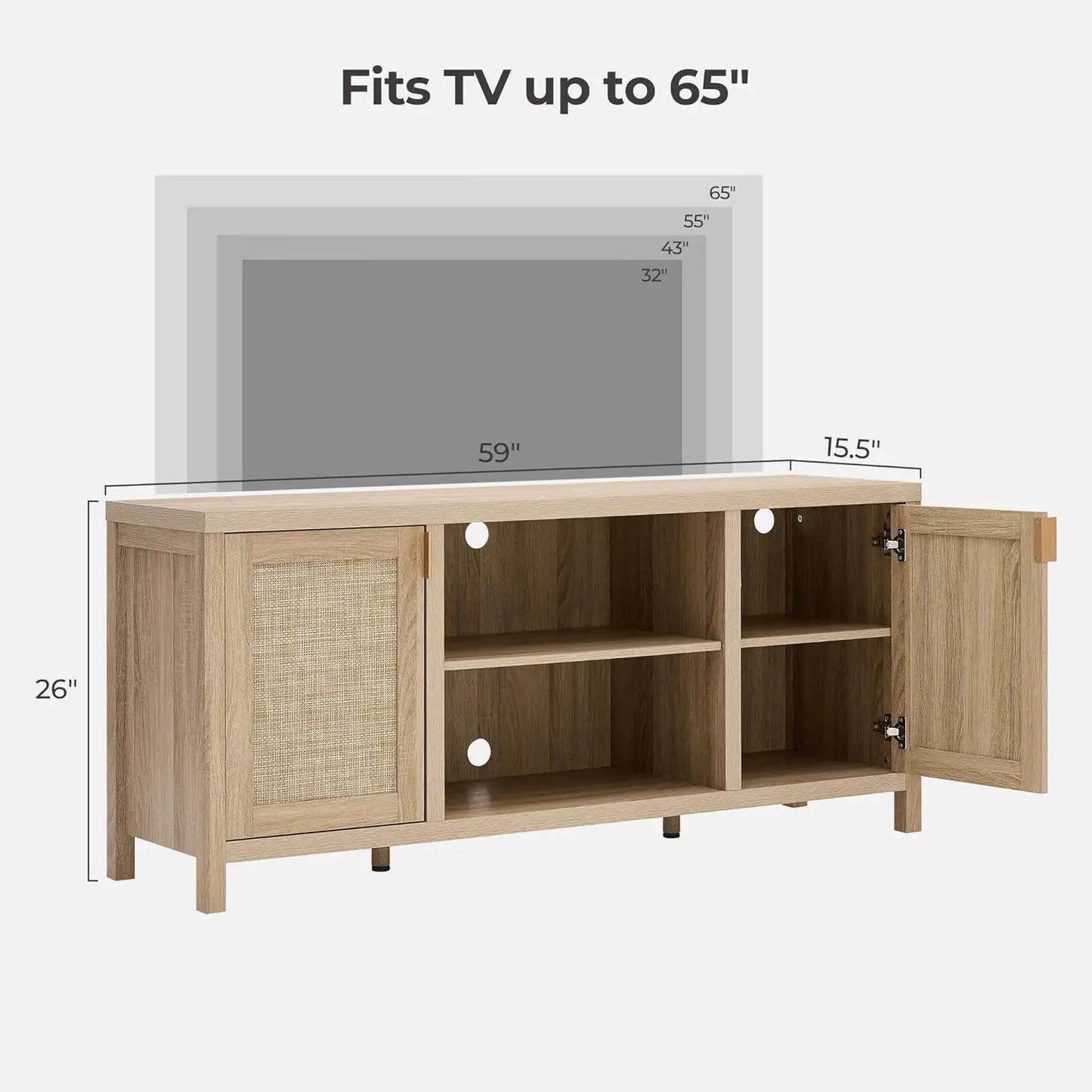 Rattan TV Stand for Living Room - 26" Tall TV Console Cabinet with Storage and Adjustable Shelf, Boho Entertainment, Customized
