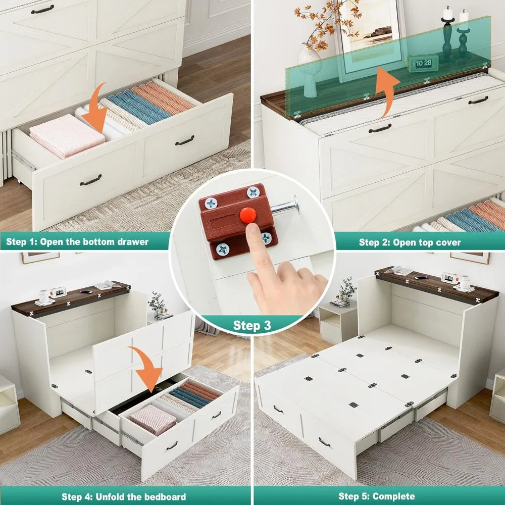 Full Size Murphy Bed with Drawer & Charging Station, Space-Saving Hidden Folding Cabinet Bed for Bedroom, Office, Rustic White
