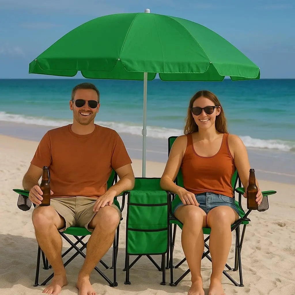 Portable 2-Seat Folding Camp Chair with Cooler, Umbrella & Cup Holders – Outdoor Picnic, Beach, or Tailgate Seating