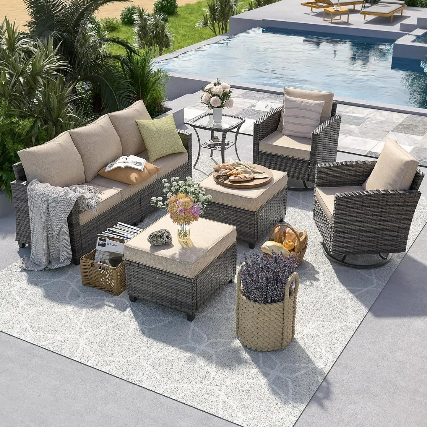 PE Rattan Sectional Sofa Set With Swivel Chairs And Table