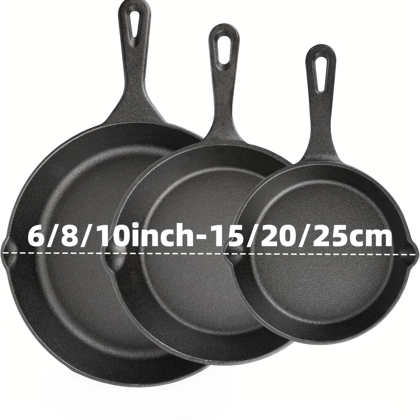 3PCS Cast Iron Skillet Set (6/8/10 Inch)  Pre-Seasoned, Heavy-Duty Pans for Oven, Grill & Campfire, Even Heat, Non-Stick Surface