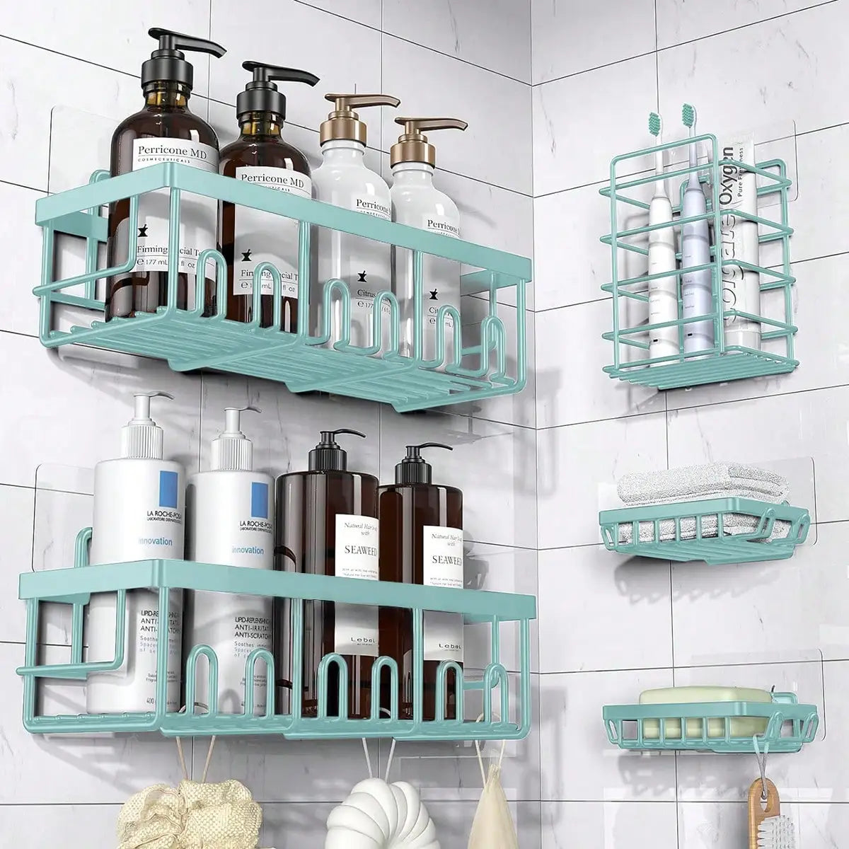 5-Pack Rustproof Stainless Steel Adhesive Shower Caddy No-Drilling Bathroom Storage Shelves