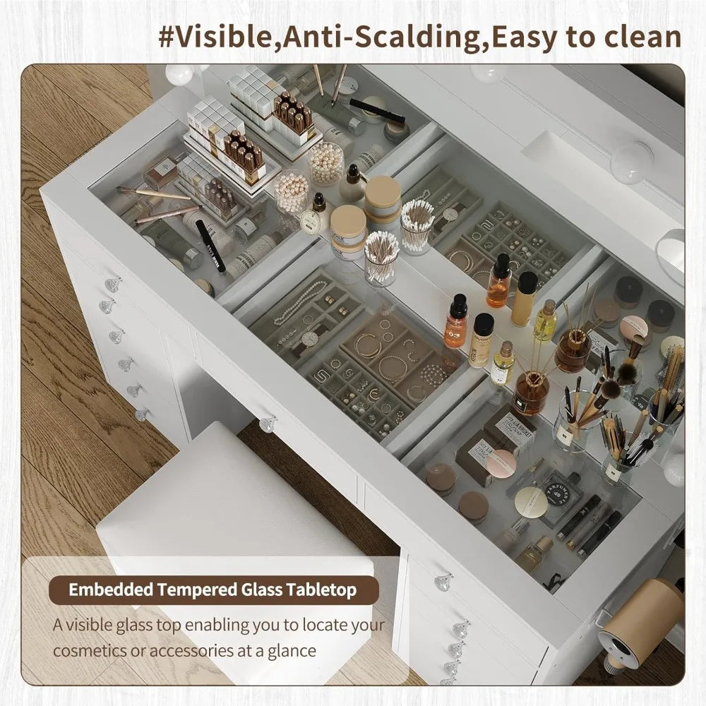 Makeup Vanity With Charging Station, 13 Drawers, HD Mirror
