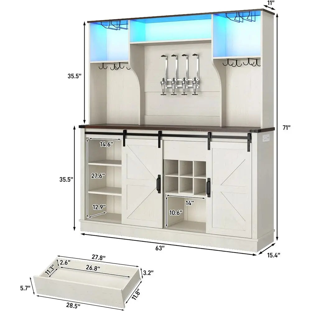 63W x 71H LED-lit Farmhouse Coffee Bar Cabinet with Sliding Doors, Wine Rack, Charging & Glass Holders Customized