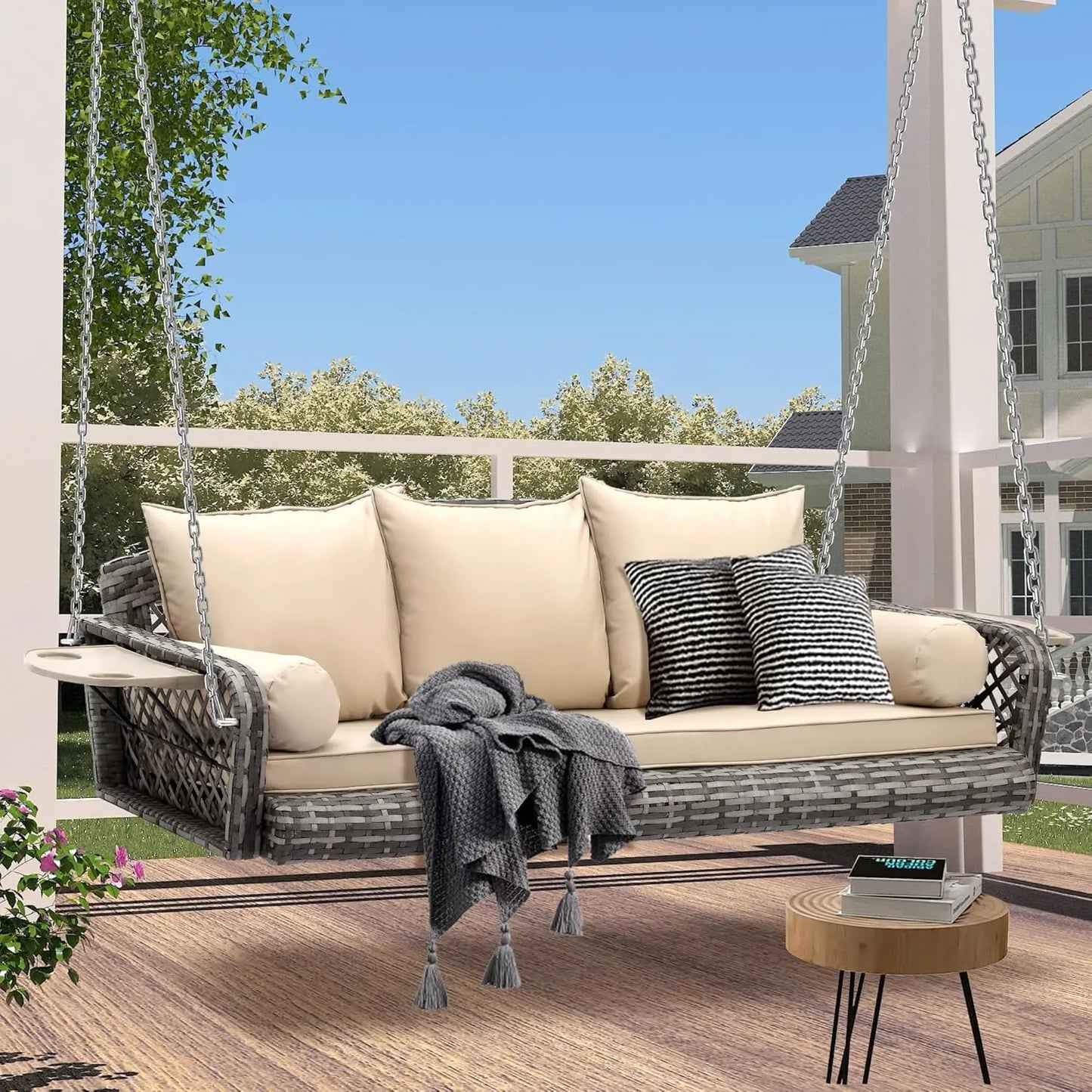 HUANZHUANG Three-Seater Wicker Hanging Porch Swing