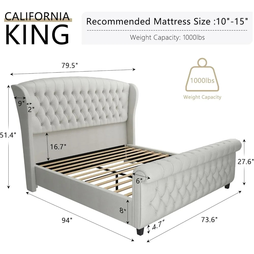 California King Size Platform Bed Frame, with Scroll Wingback Headboard & Footboard, Velvet Upholstered Sleigh Bed