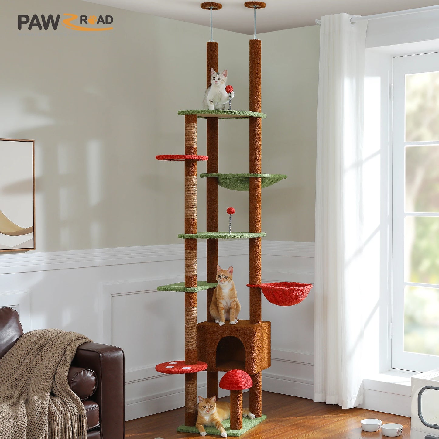PETEPELA Cat Tree Floor To Ceiling Tower With Condo Hammock