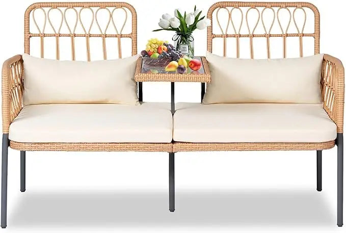 Outdoor Wicker Patio Conversation Set With Cushions And Glass Table