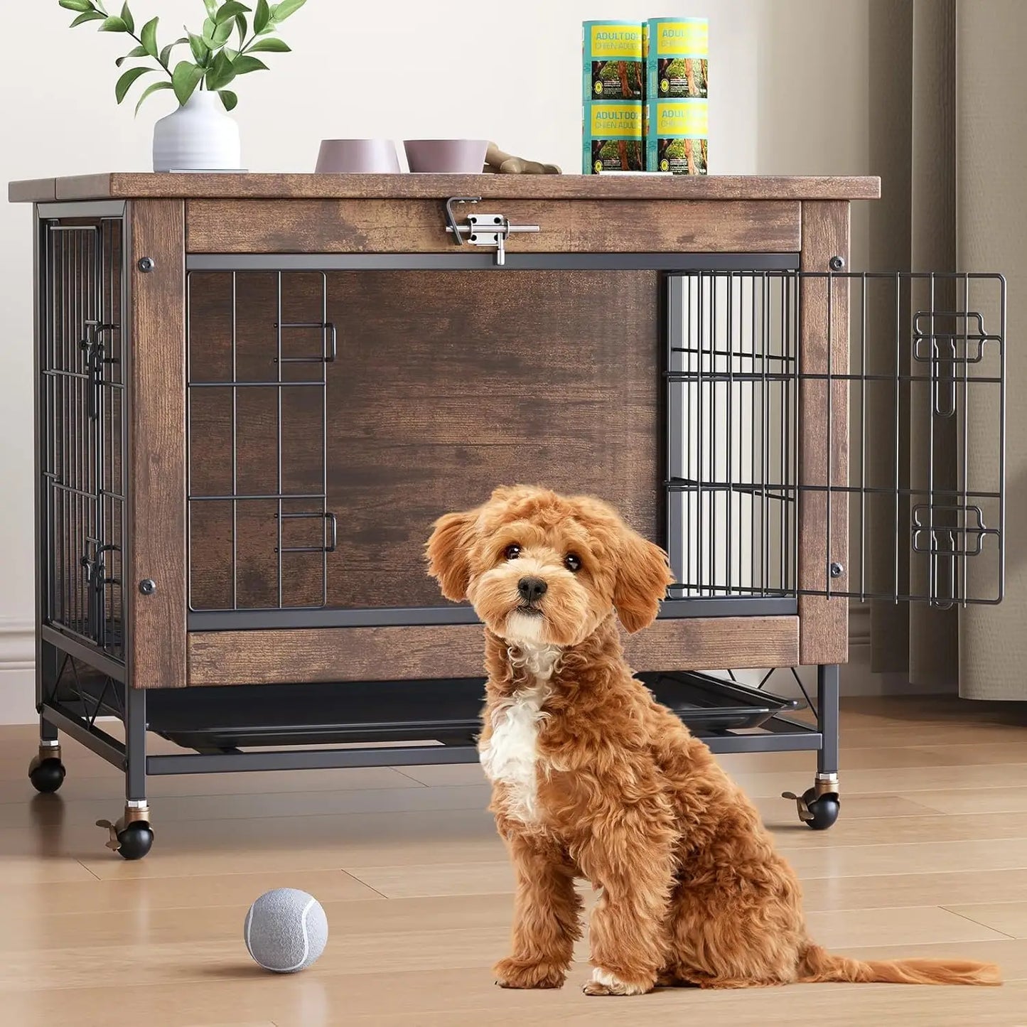 HiMISS Rustic Dog Crate Furniture With Wheels