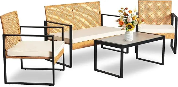 Outdoor Wicker Patio Conversation Set With Cushions And Glass Table