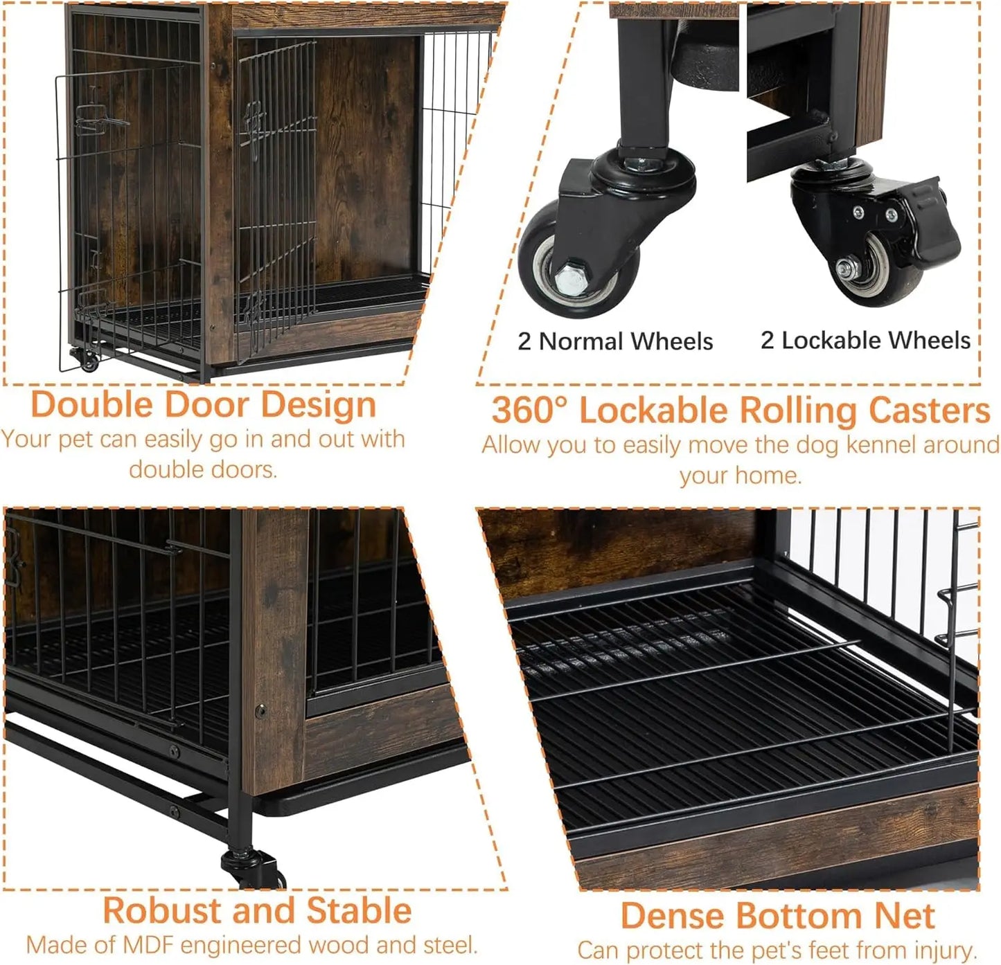 HiMISS Rustic Dog Crate Furniture With Wheels