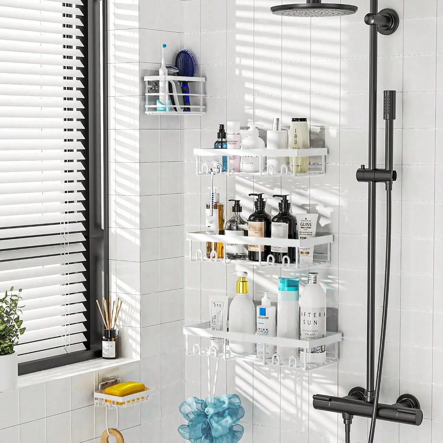5-Pack Rustproof Stainless Steel Adhesive Shower Caddy No-Drilling Bathroom Storage Shelves