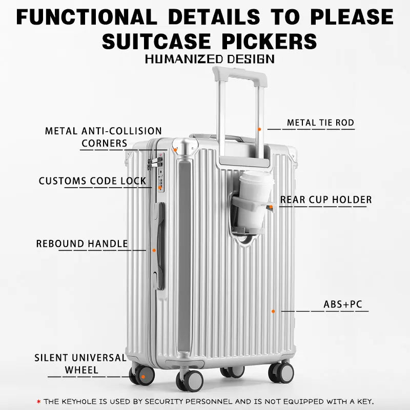 Zippered ABS PC Suitcase Luggage With Cup Holder And Wheels