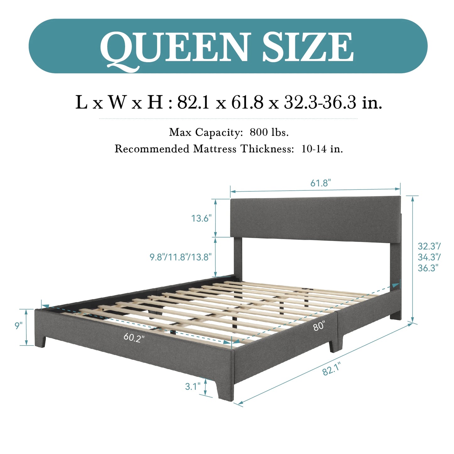 HOOMIC Upholstered Bed Frame With Adjustable Headboard Soft Linen Fabric