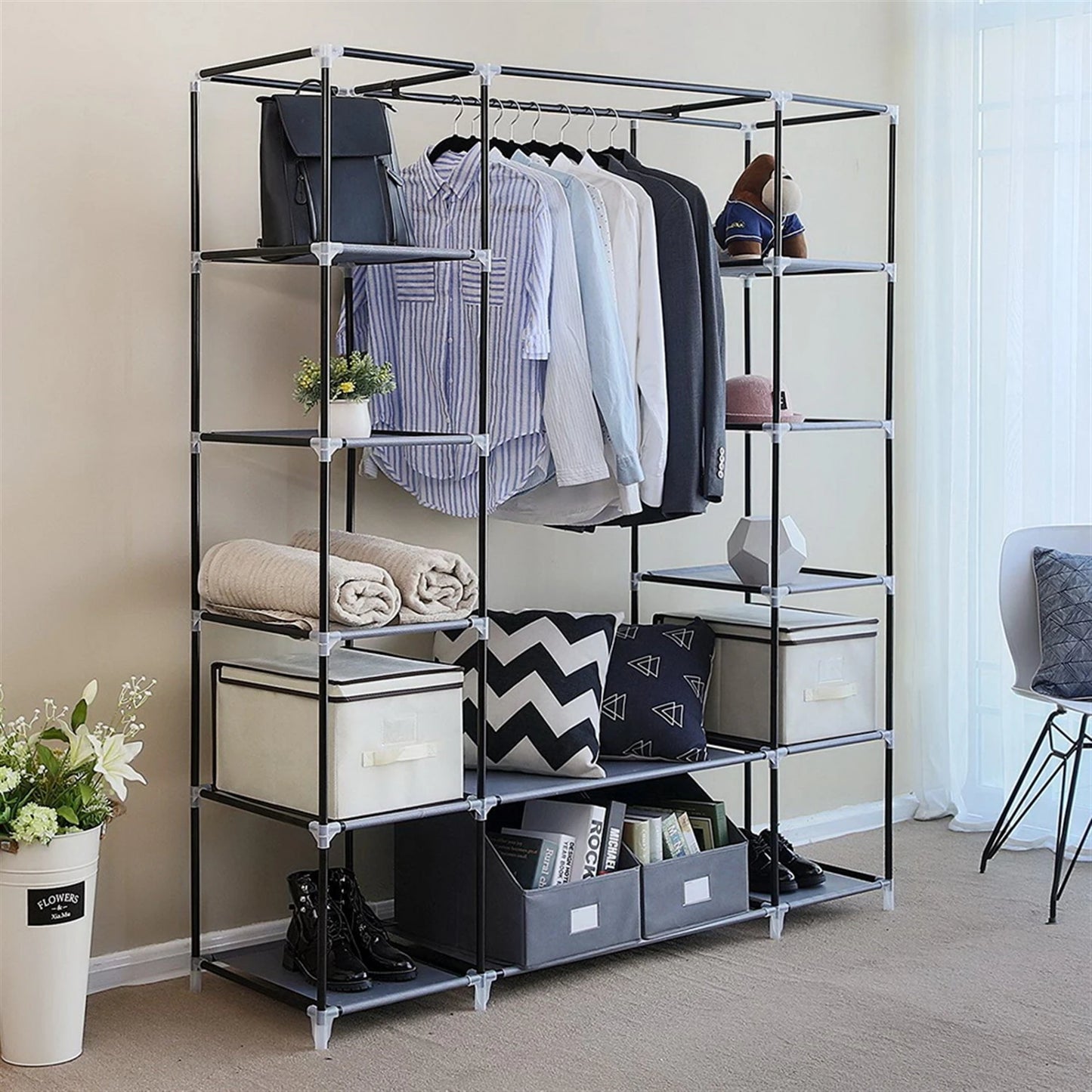 Portable Clothes Closet Wardrobe Organizer With Nonwoven Fabric Easy Assembly