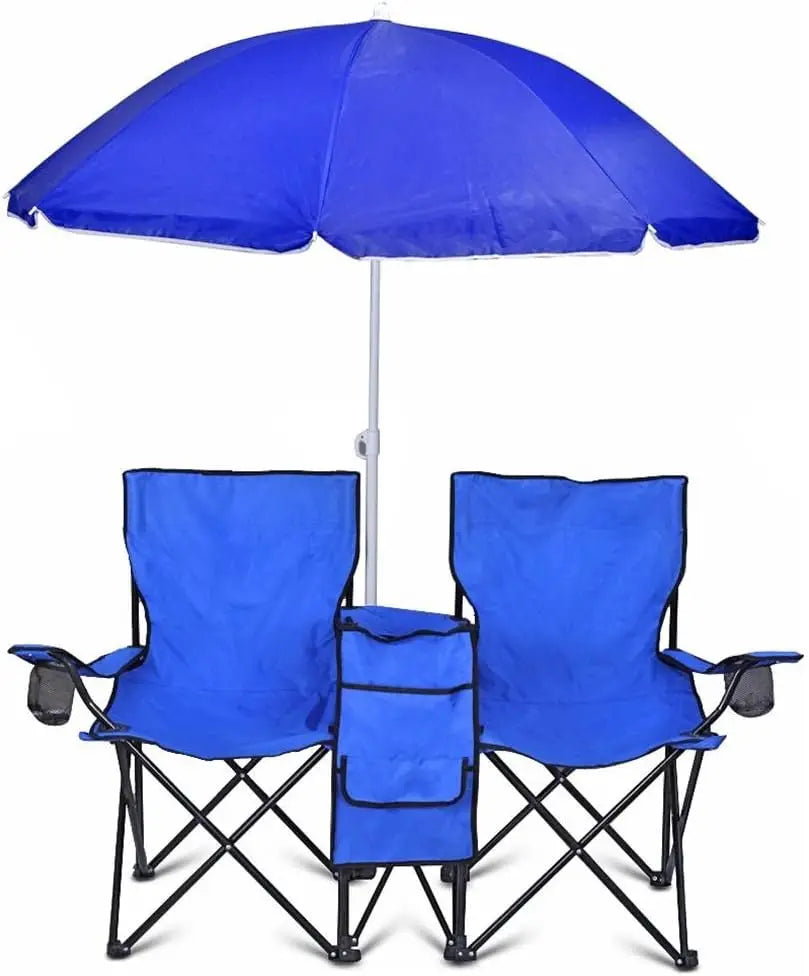 Portable 2-Seat Folding Camp Chair with Cooler, Umbrella & Cup Holders – Outdoor Picnic, Beach, or Tailgate Seating