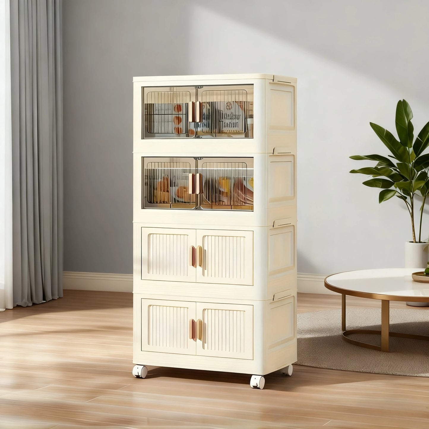 Stackable Versatile Storage Cabinet With Doors And Wheels Plastic Organizer